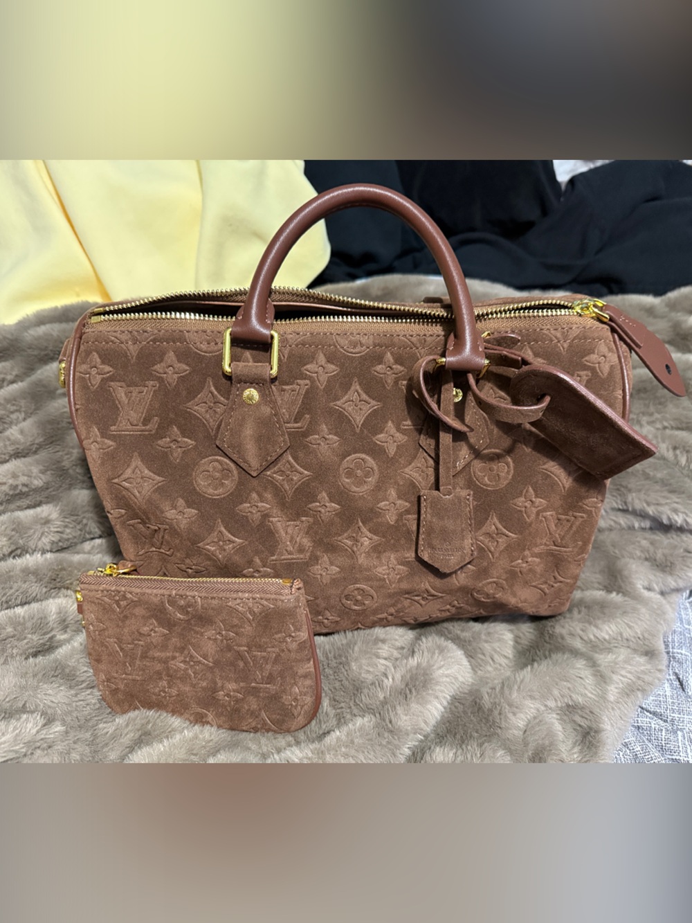 Louis Vuitton Brown Suede Monogram Tote with Pouch